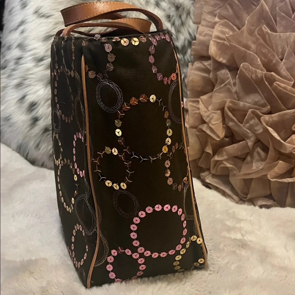 MZ Wallace Brown Neutral Embroidered Sequin Circles Leather Handles Canvas Tote